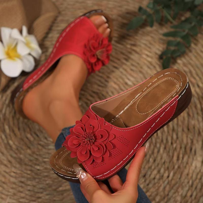 2026 Spring Summer Women's Wedge Platform Peep Toe Slippers Floral Decoration Outdoor Casual Slides
