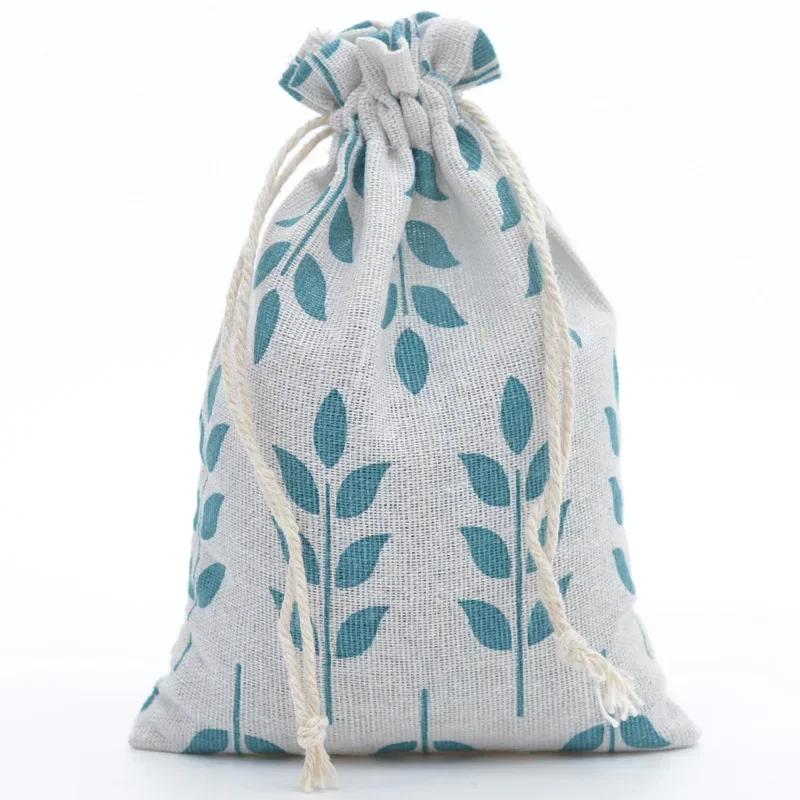 10pc Drawstring Cotton Linen Print Organizer 10x14/13x18cm Women Jewelry Cosmetics Cloth Bag Christmas Gift Bag Party Decoration