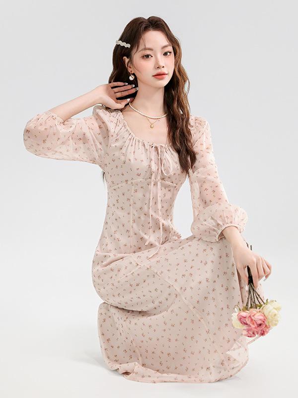 Spring/Summer French Pink Floral Chiffon Tie-Up Slimming Long Dress