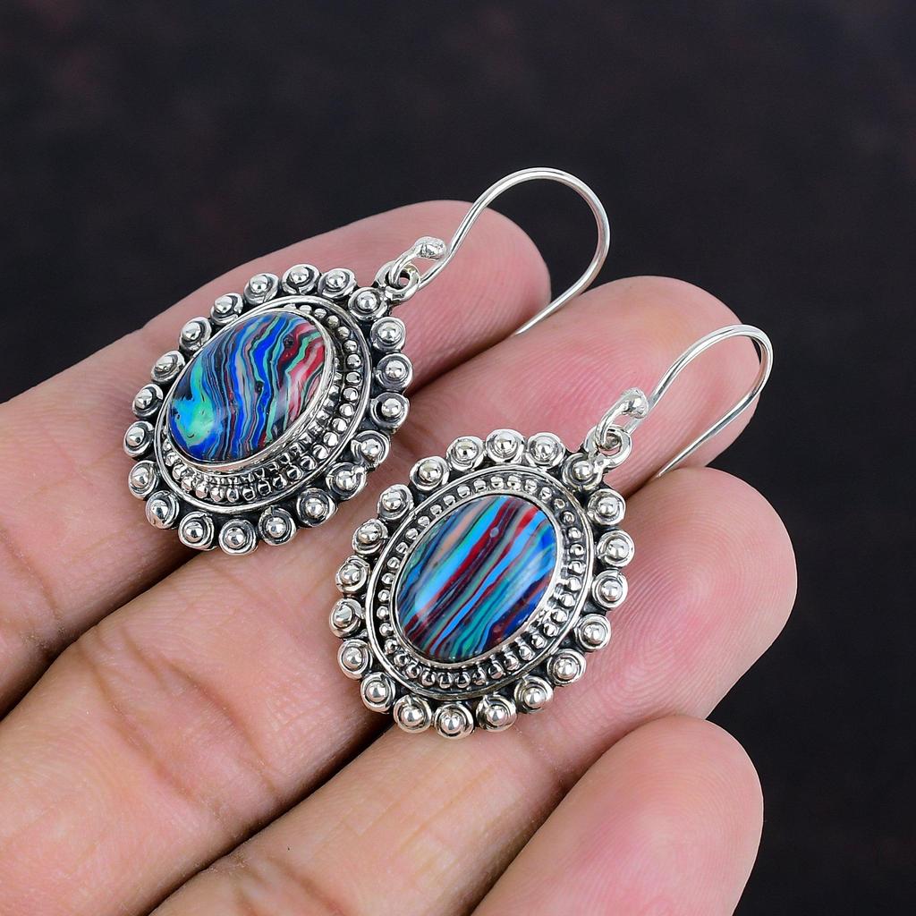 Rainbow Calsilica Earring Gemstone Vintage Earring 925 Sterling Silver Earring Handmade Earrings Dainty Jewelry Dangle Earring Gifts For Her