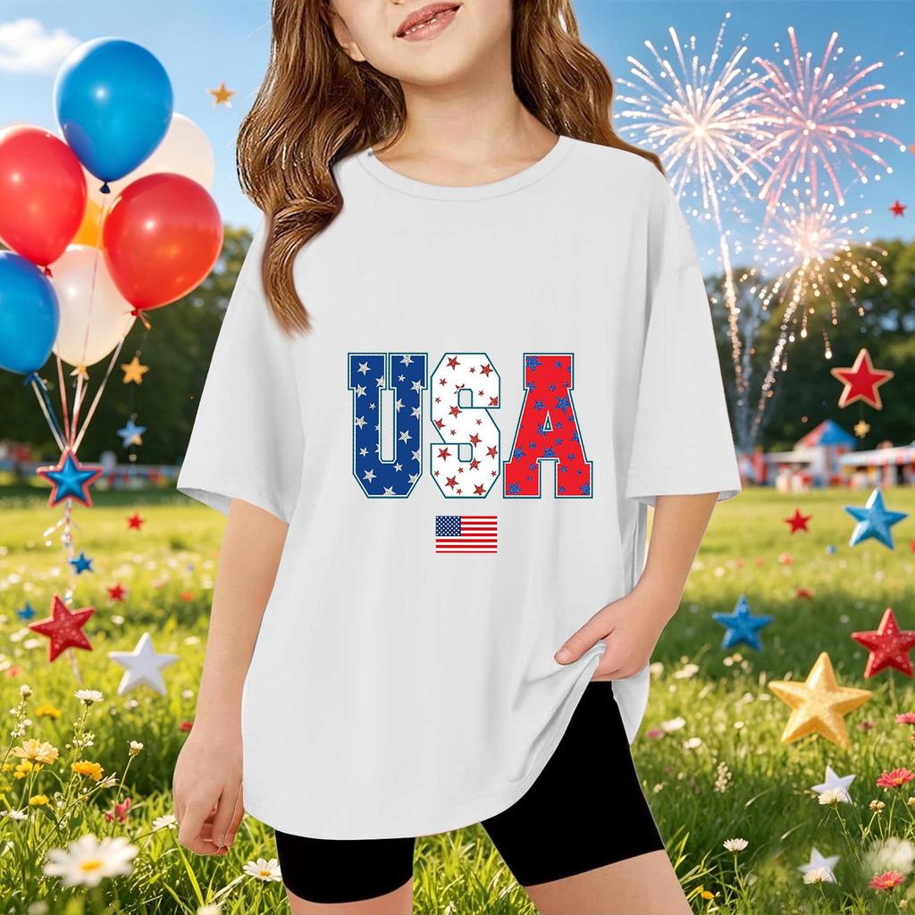 Kids Short Sleeve T Shirt USA Patriotic Print Casual Top Lightweight Comfortable Fit Summer Tee for Boys Girls
