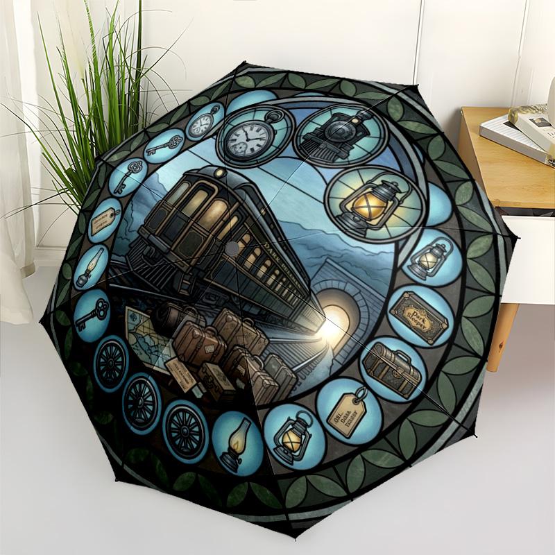 Train Journey Through Time pattern umbrella, portable and foldable design, 8 ribs, a casual accessory for Halloween, Christmas, and birthday gifts.