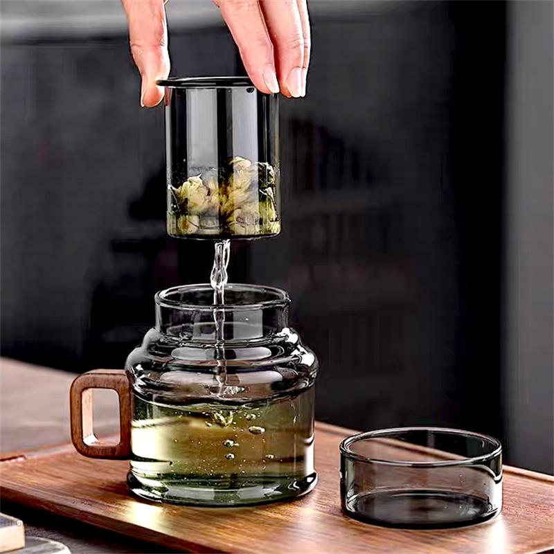 400ml Reusable Heat Resistant Glass Tea Cup with Infuser Filter and Wooden Handle Office Tea Separation Mug Flower Tea Mugs