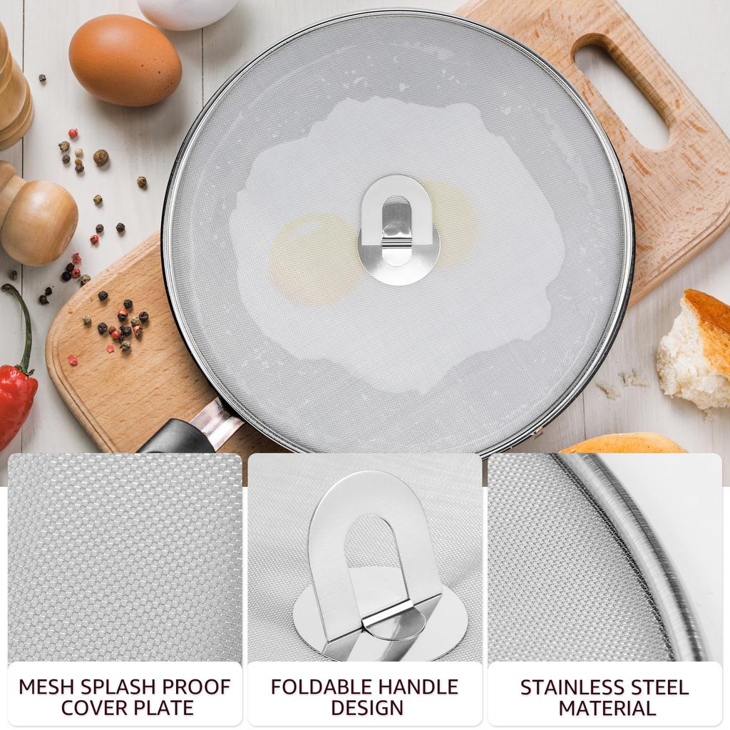3Pcs Splatter Guard Stainless Steel Frying Pan Splatter Screen with Foldable Handle Mesh Oil Proofing Lids for Kitchen Cooking