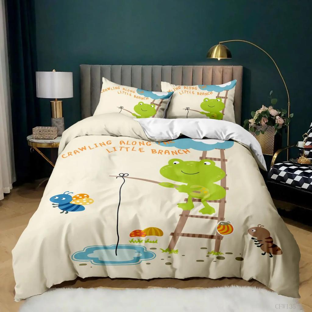 Animal Frogs Duvet Cover Set King Queen Size Green Lovely Cartoon Frog Bedding Set Boys Toad 2/3pcs Polyester Comforter Cover