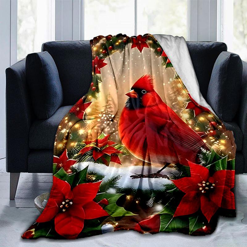 1pc Christmas Cardinal Holiday Wreath Home Decorative Throw Blanket Festive Poinsettia Floral Design for Couch, Bed, Car .W054