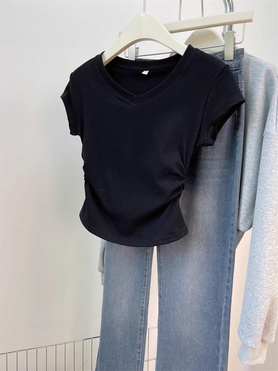 

Women s Solid Color V-Neck Asymmetrical Hem Ruched Waist Slim Fit Short-Sleeve Top Large чорний