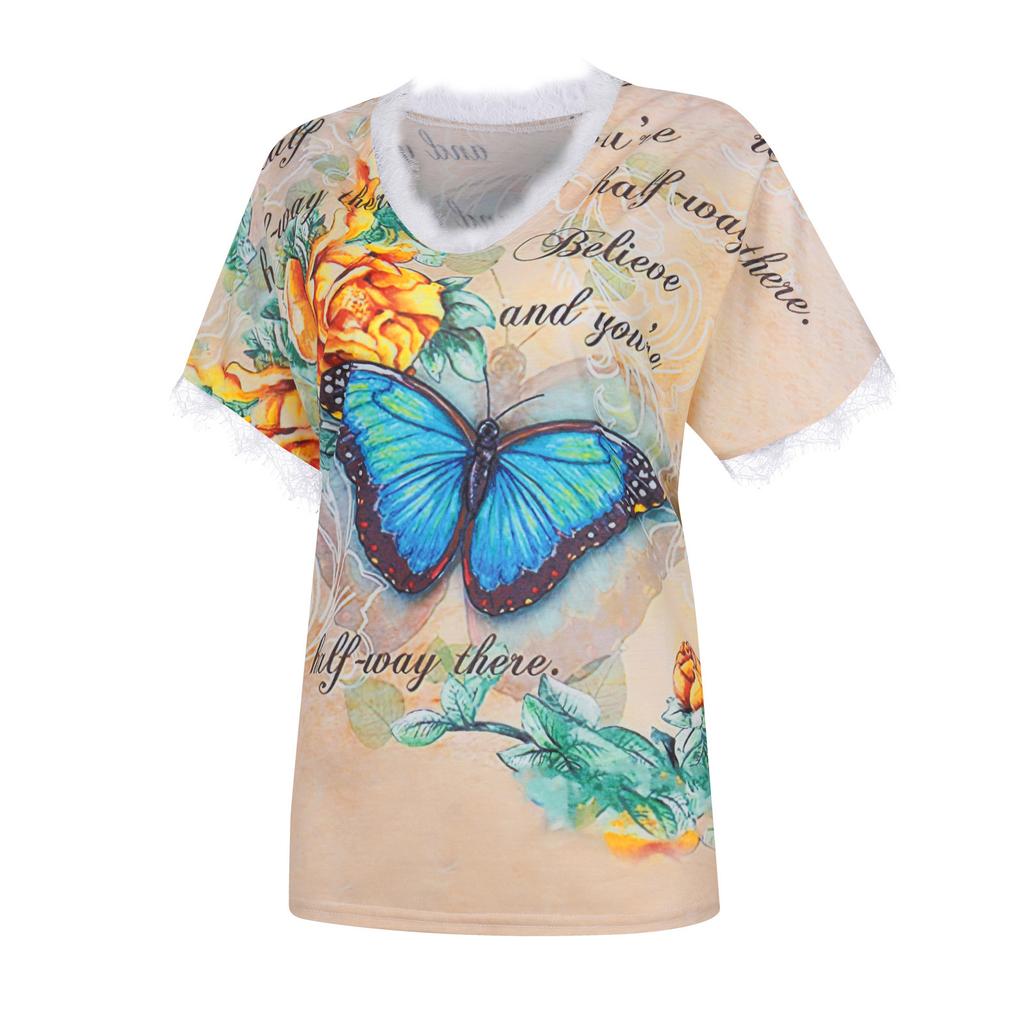 Women Summer V-neck Butterfly Print Short Sleeve Lace Patchwork T-Shirts  Blouse