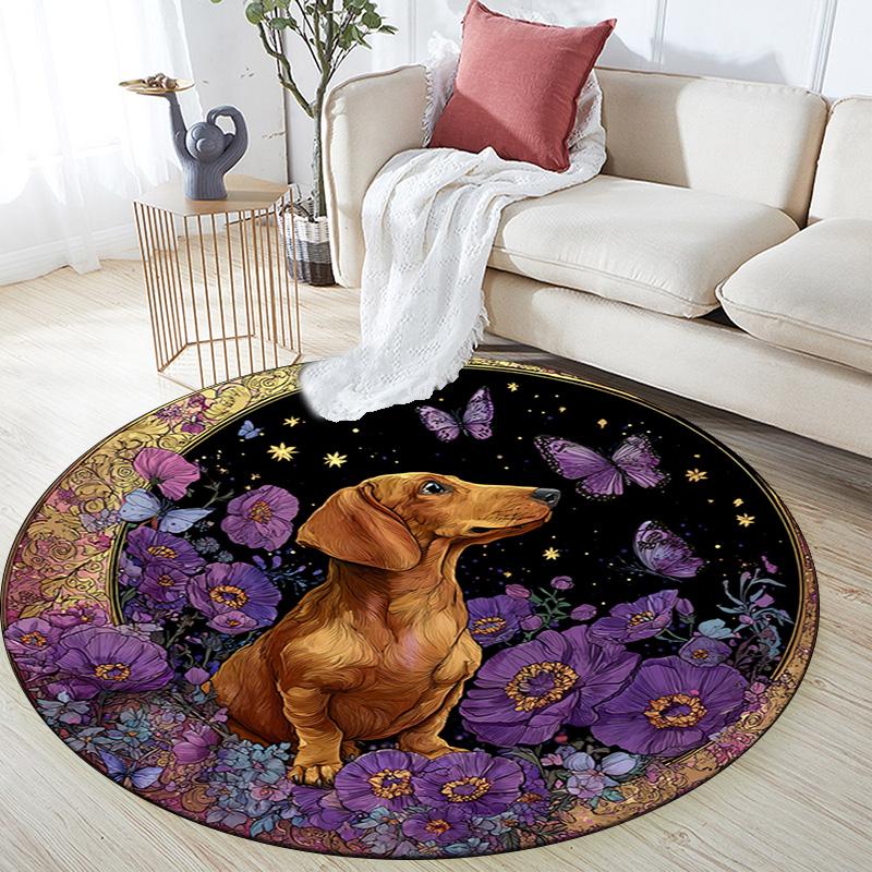 Dachshund Butterflies Round Area Rug,Carpet Rug for Living Room Bedroom Sofa Playroom Decor,Non-slip Floor Mat