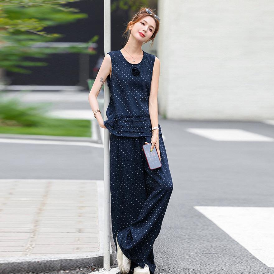 Wear blue super good-looking polka dot sleeveless top wide-leg pants set two-piece female summer