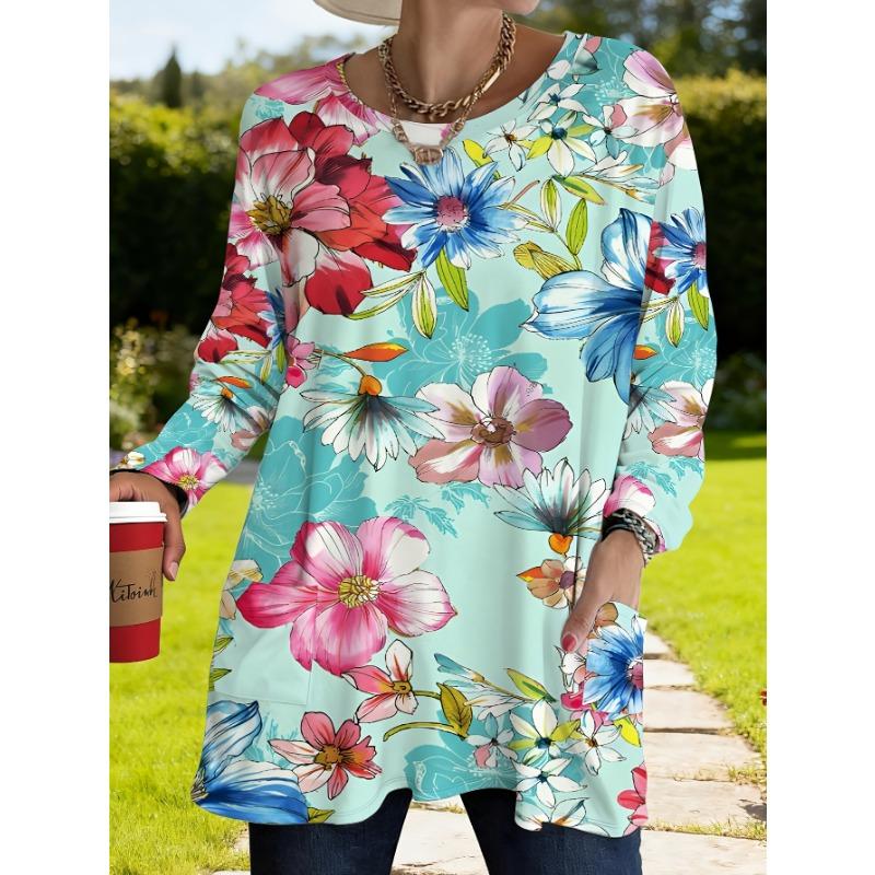Women s Plus Size Pocket Design Spring Print Loose Long Sleeve T-Shirt Women s Casual Versatile Floral Top S