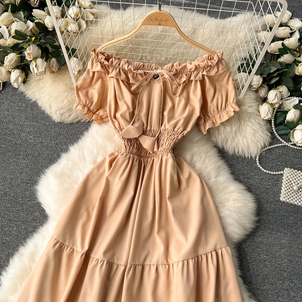Vintage Elegante Slash Neck Kurzarm Kleid A-linie Mode Chiffon Frühling Herbst Frauen Kleider