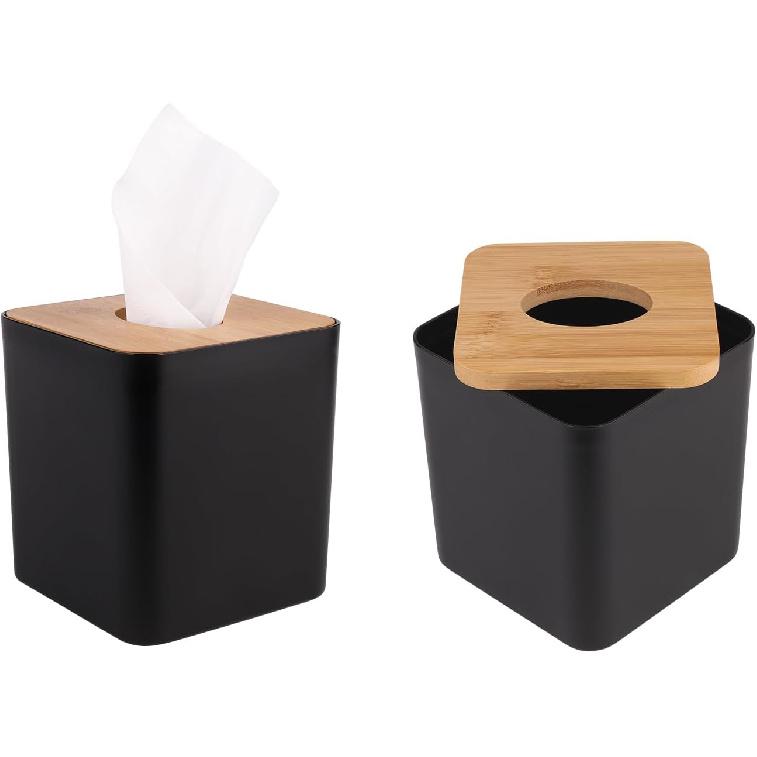 Modern Tissue Box Cover with Bamboo Lid, Square Tissue Holder,for bedrooms, Offices, bathrooms, Living Rooms etc(Black)