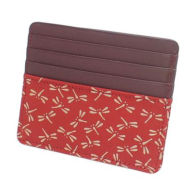 Indenya Slim Card Case, Thin, Deerskin Leather with Red and White Lacquer, Dragonfly Pattern, 2530-13-008