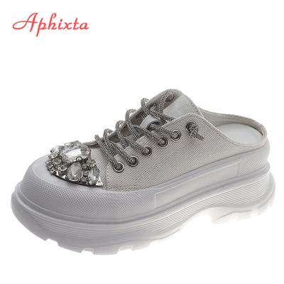 Fashion Aphixta Luxury Crystals Lace-up Toe Platform Slippers Women Rhinestone Slides Canvas Bling Shoes Wedge Thick Sole Slides