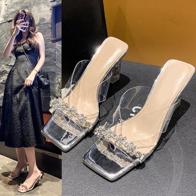 Transparante Strass Hoge Hakken Pantoffels voor Dames Nieuwe Kristal Vierkante Neus Buiten Slides Vrouw Zomer Open Teen Strand Sandalen