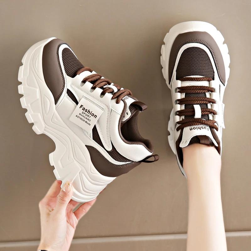 Fashion Women's White Platform Sneakers 2025 Spring Lace Up Thick Bottom Vulcanized Shoes Woman Breathable Non Slip Sports Shoes Ladies