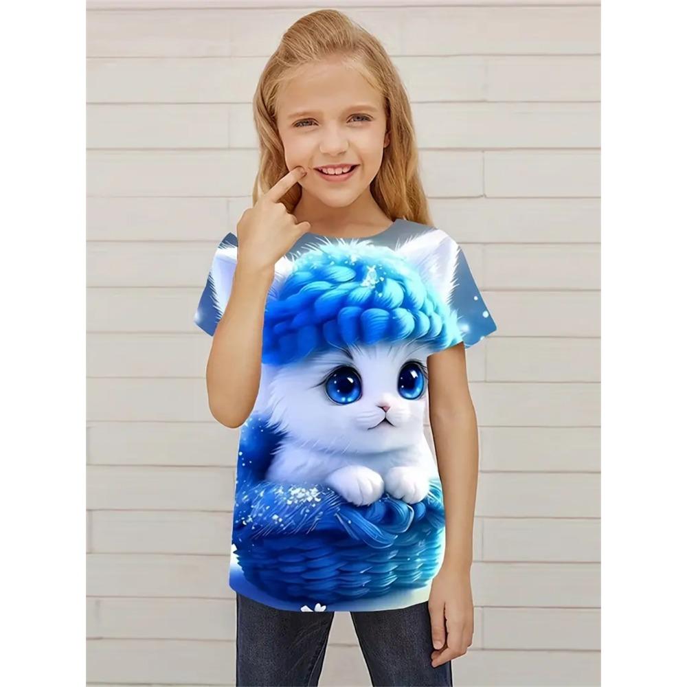 Children's clothing, girls' T-shirt, 3D kitten top, children's summer clothing, fashionable girls' clothing, round neck top, girls' T-shirt