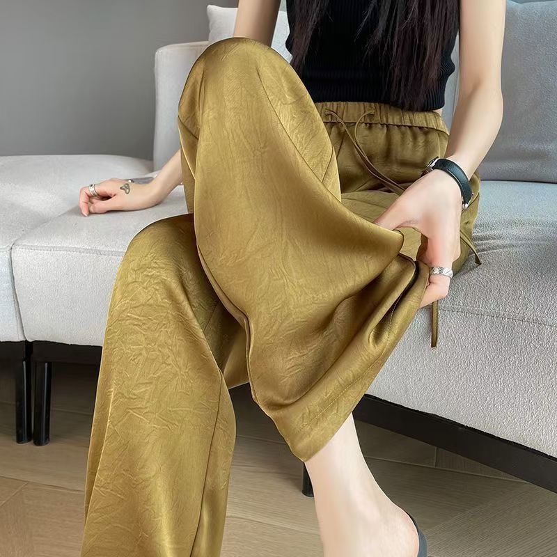 Women's Spring Summer Ice Silk Satin Jacquard Pants Thin Straight Wide Leg Chinese Style Casual Trousers