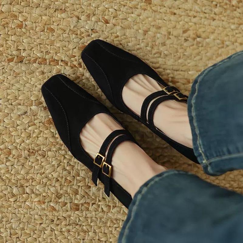 New Inside Heightened Single Shoes Women's Square Toe Shallow Mouth Double Buckle Lace-Up Mary Jane Single Shoes
