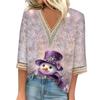 Women's Loose Casual Three-quarter Sleeve V-neck Lace Loose Christmas Print T-shirt Top