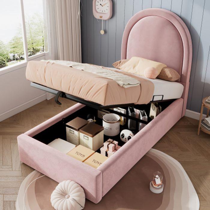 Lit simple - MUVOE - 90 x 200 cm - Rose - Velours - Avec rangement hydraulique