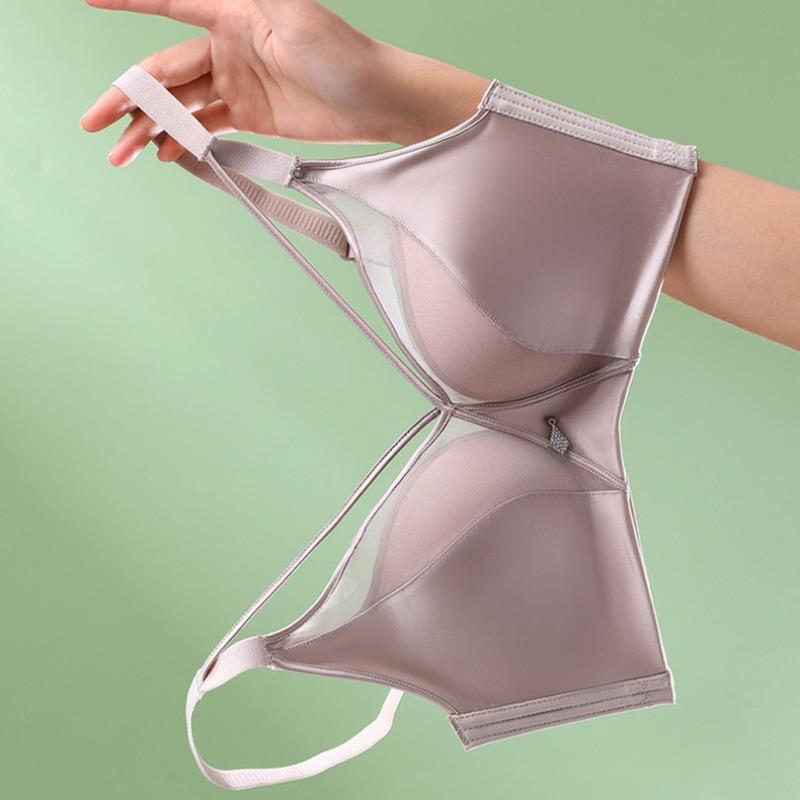 Sexy Lingerie Cross Strap Gathering Satin Mesh Traceless Backless Bra