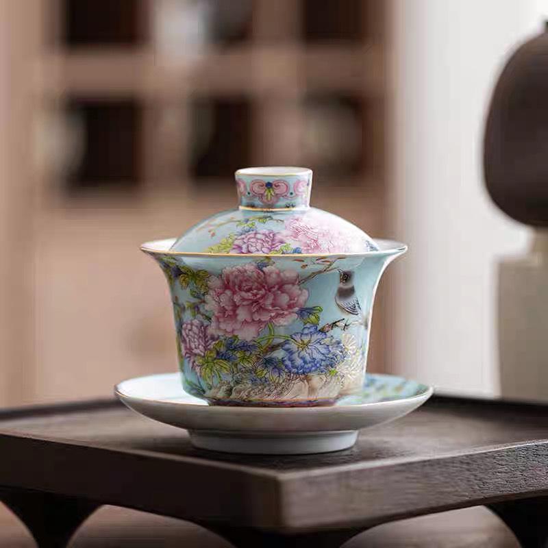 Palace-Style Peony Gongfu Enamel Ceramic Tea Cup Souvenir