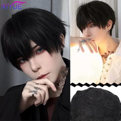 Kısa Sentetik Erkek Nefes Alabilen Peruk Kahverengi Erkek Çocuk Kısa Düz Cosplay Erkek Parti Siyah Isıya Dayanıklı Sentetik Saç Peruk