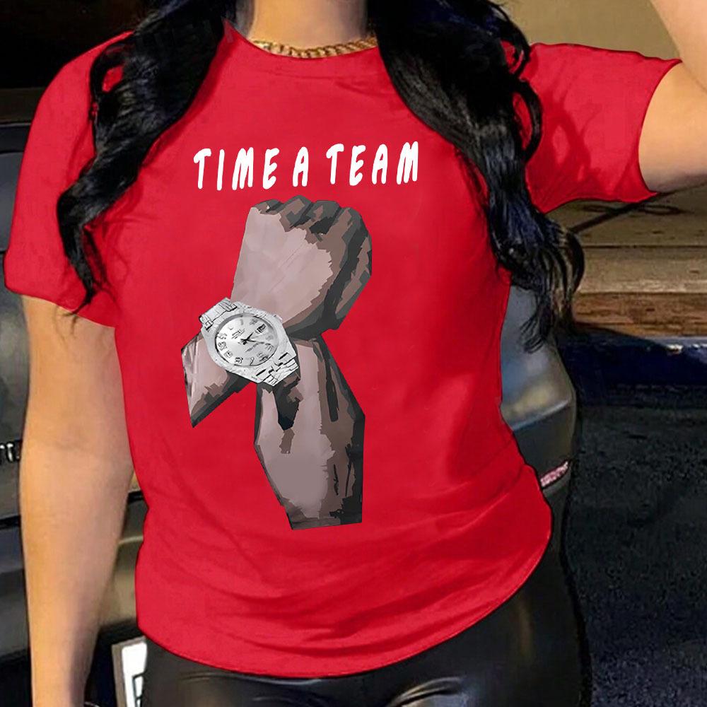 TIME A TEAM HAND Cotton T-Shirt Short Sleeve Round Neck Women 2d Print Tops