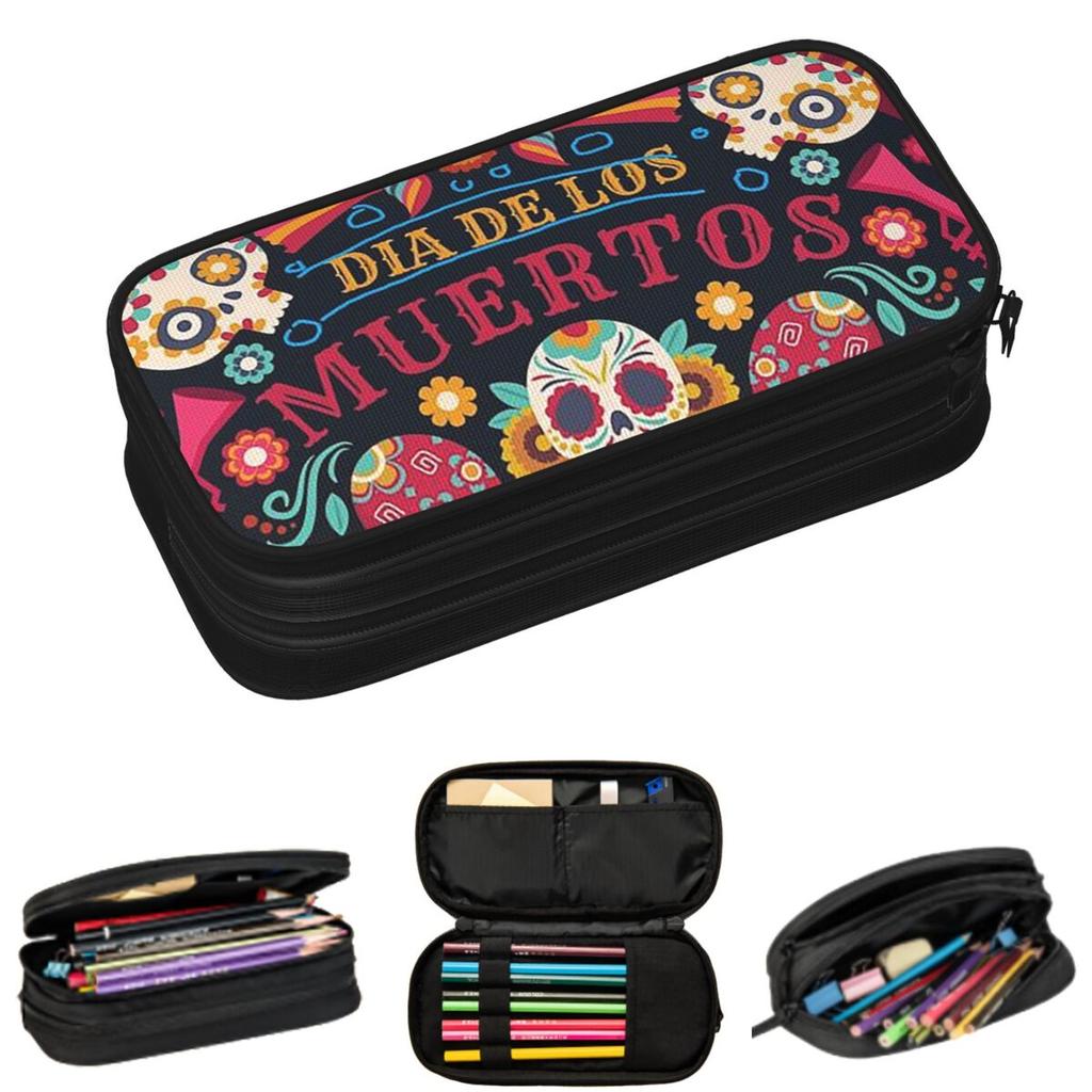 Sugar Skull Mexican Day Of The Dead Dia De Los Muertos Pencil Cases for Student Pen Box Pencil Bag Large Storage Pencil Pouch