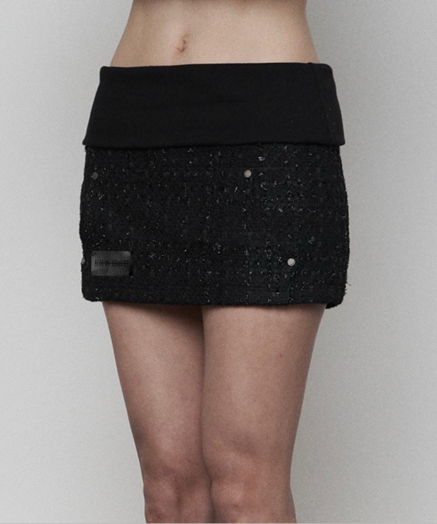 Etosome Rib Hoodie Pocket Tweed Skirt ( Black )