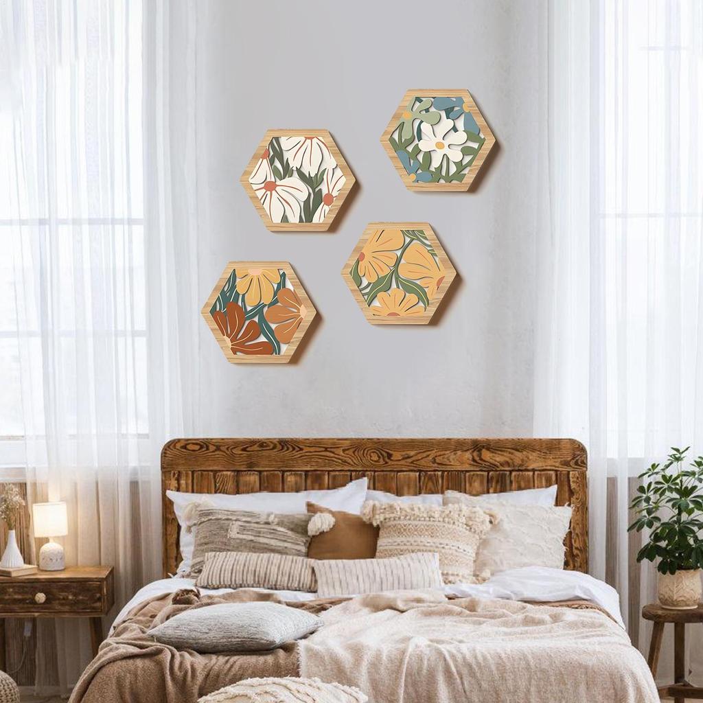 4pcs Bohemian Flowers and Plants Wooden Hanging Wall Decoration Morandi Geometric Hollow Home Hanging Wall Decoration