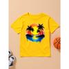 European Sizes Boys' Tropical Island Sunset Graphic Tee - Bright Yellow T-Shirt with Palm Trees Sunset Stretchy Soft Fabric for Beach Vacations