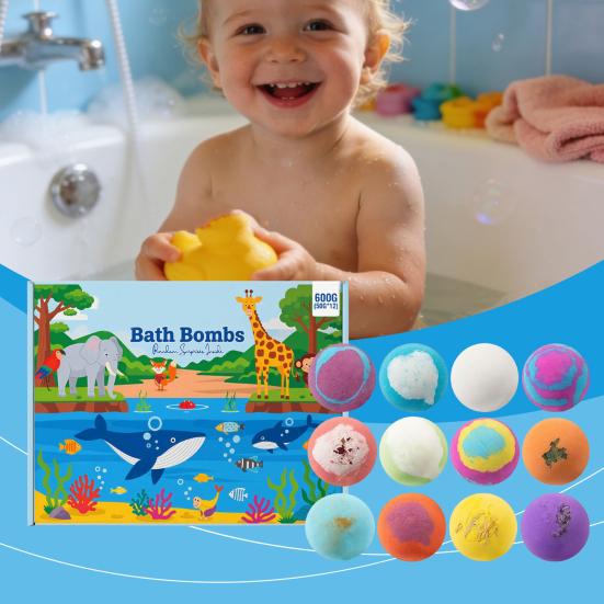 12Pcs Ocean-Themed Bath Bombs with Animal Toys Fizzy Colorful Bubble Balls for Kids Natural Sea Salt Essential Oils Moisturizing Skin-Softening Fun