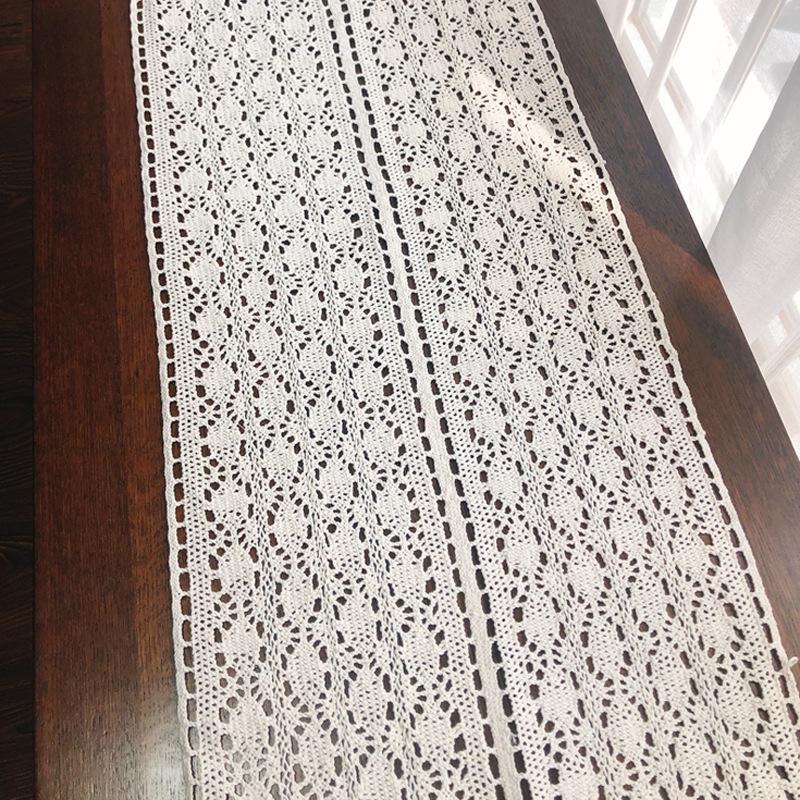 French Lace Rectangular Polyester Linen Woven Table Runner - Decorative Table Cover with Hollow Crochet Design for Coffee Table, TV Stand, Long Table