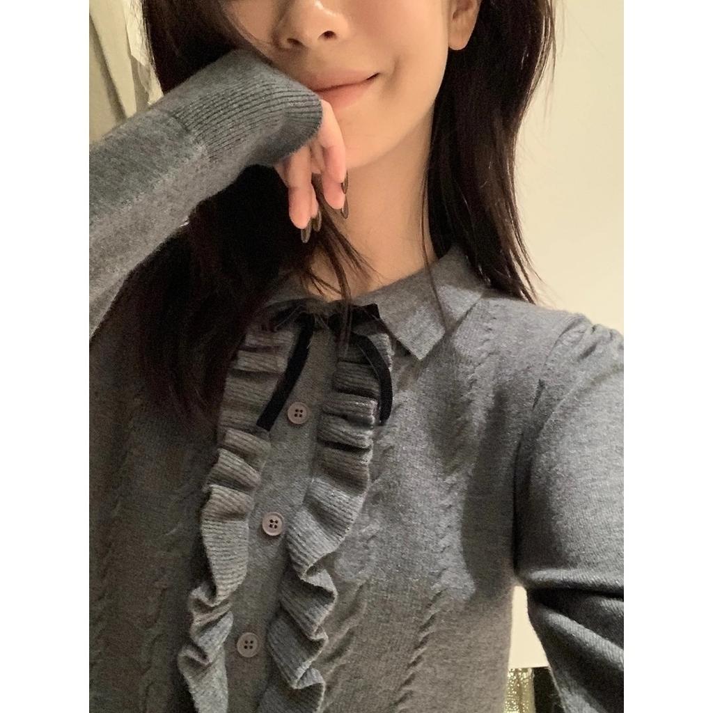 Temperament Versatile Fungus Edge Bow Polo Collar Andy Fleece Knitted Sweater Women's Autumn and Winter Top with Sweater Inside