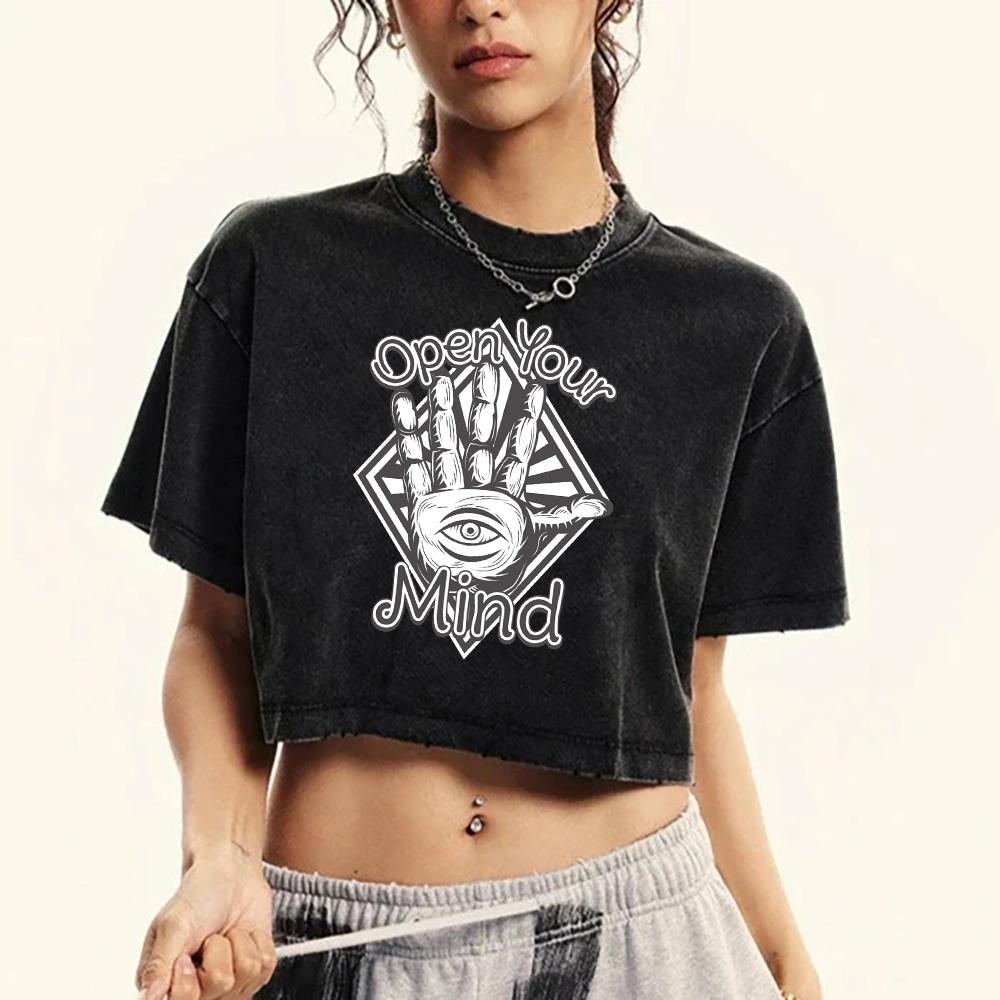 

Open Your Mind Hand Printing Women Washed Slim T Shirts Cotton Summer T-Shirt Retro Summer Tees Clothing Short Sleeve M