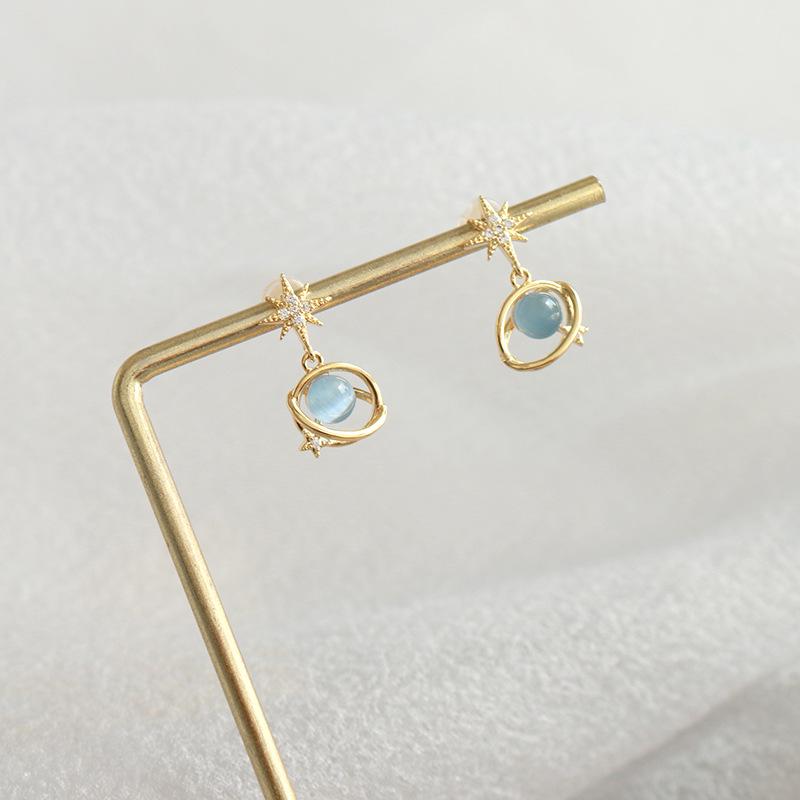 2024 Universe Galaxy Zircon 925 Silver Blue Cat's Eye Stud Earrings for Women