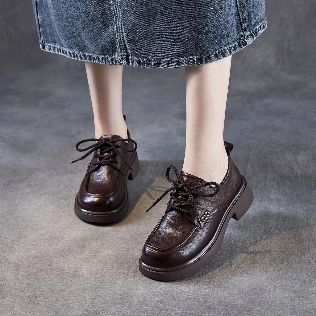 Johnature Pumps Round Toe Middle Heel Shoes Genuine Leather Lace-up Comfortable Soft Soled Thick Heel Shoes