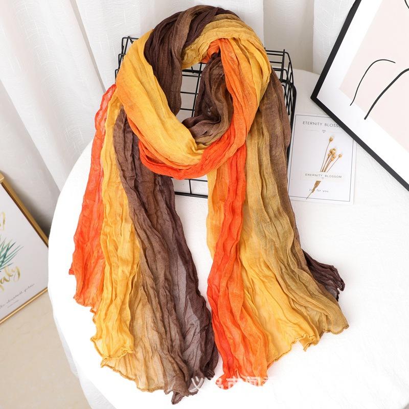 Contrast Color Cotton And Linen Wrinkled Scarf Female Literary And Artistic Fan Atmosphere Warm Silk Scarf Retro Gradual Change Color Scarf Shawl