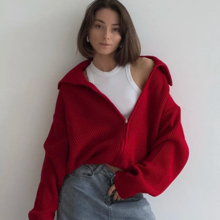 Women's Long Sleeve Knitted Cardigan Sweaters Cozy Zip Up Collared Sweater Cardigans Casual Fall Open Front Knit Sweater Jacket Outfit for Women