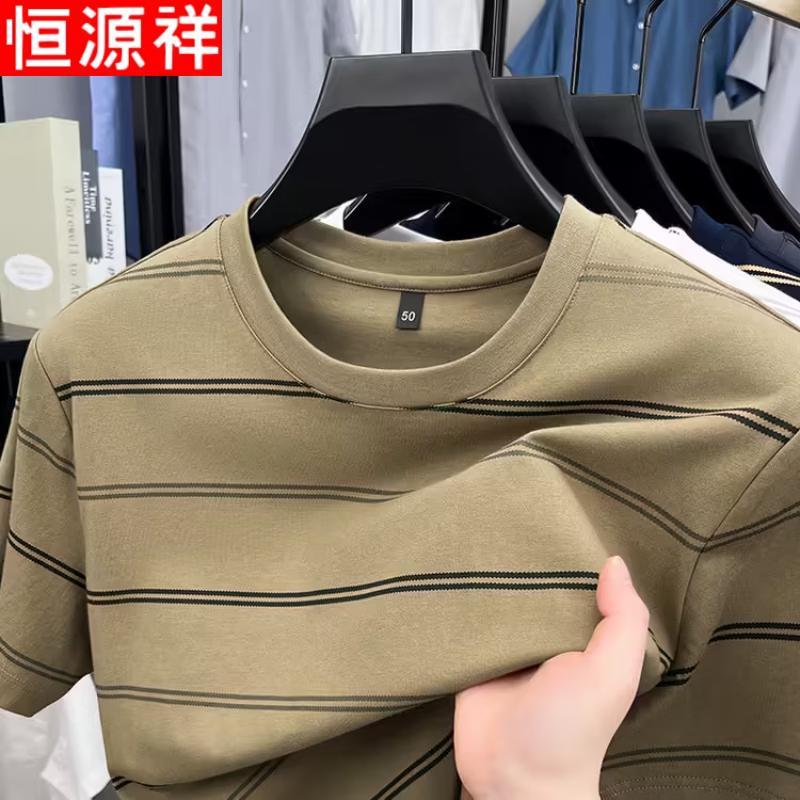 

Hengyuanxiang Men s Pure Cotton Striped Round Neck T-Shirt L