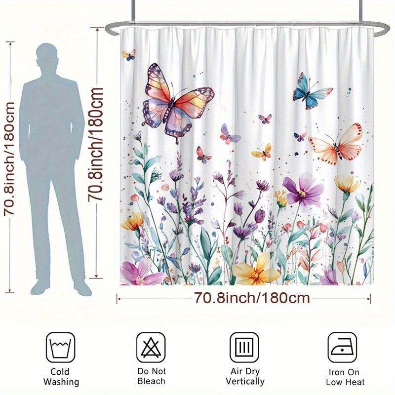 Colorful Butterfly & Flower Shower Curtain - Polyester, 12 Hooks, 70.8x70.8 Inches, Perfect for Bathroom Decor
