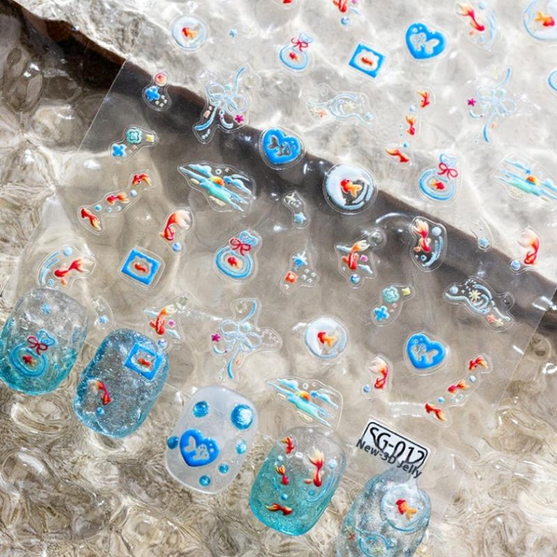 Shiny Goldfish Plastic Bag Seahorses Summer Jellyfish Starfish Shell Conch Koi Water Bubble Star Carp Nail Art Stickers Decals