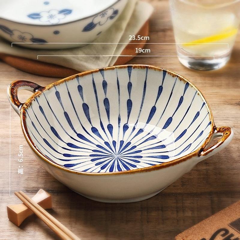 Keramická polévková mísa v japonském stylu s uchem 800 ml, Květinová servírovací mísa s podglazurní barvou na dušené maso, těstoviny, cereálie, Vhodná do mikrovlnné trouby a trouby, 1 ks