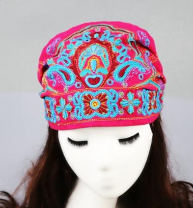 Lady Women Soft Cotton Ethnic Style Turban Hat Head Wrap Scarf Beanie Embroidered Flower Florals Print