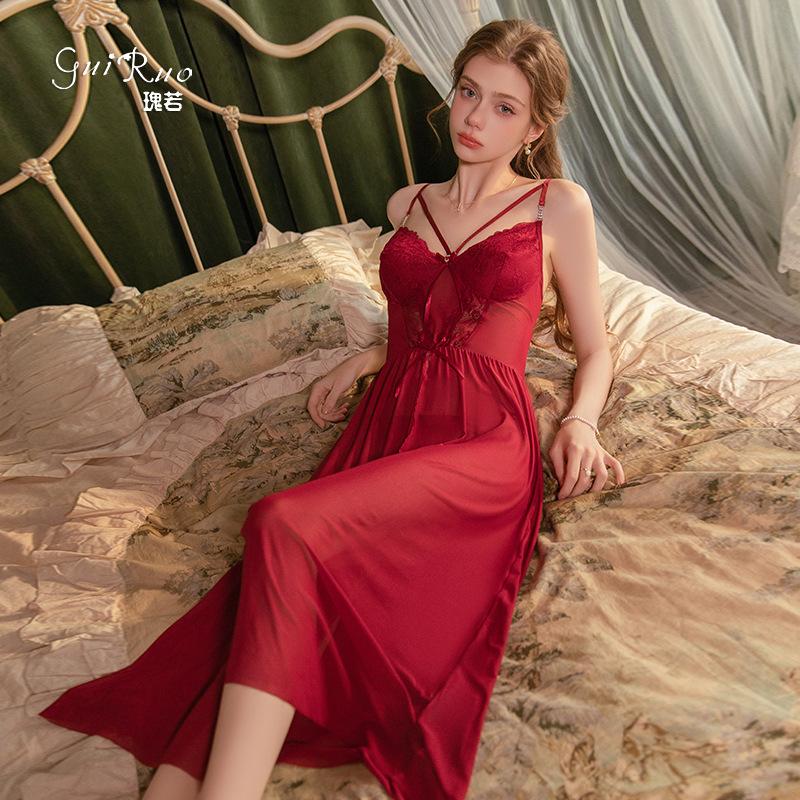 Women's Sheer Lingerie Low Cut Bow Mesh Sleep Dress with Robe Set