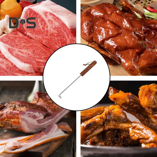 BBQ Steak Grill Hook Meat Turner Wooden Handle Stainless Steel Food Flipper for Grilling Vegetables Portable Kitchen Tool