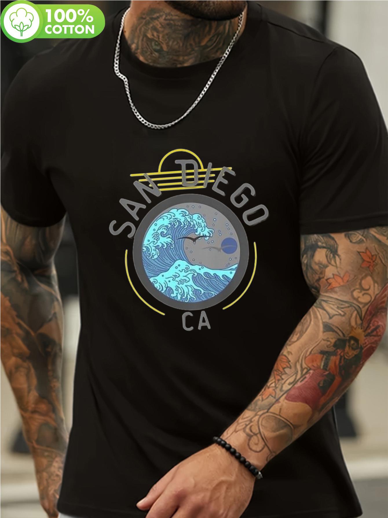 

San Diego Ocean Wave & Sunset Graphic T-shirt - 100% Cotton Crew Neck Short Sleeve Tee XXL